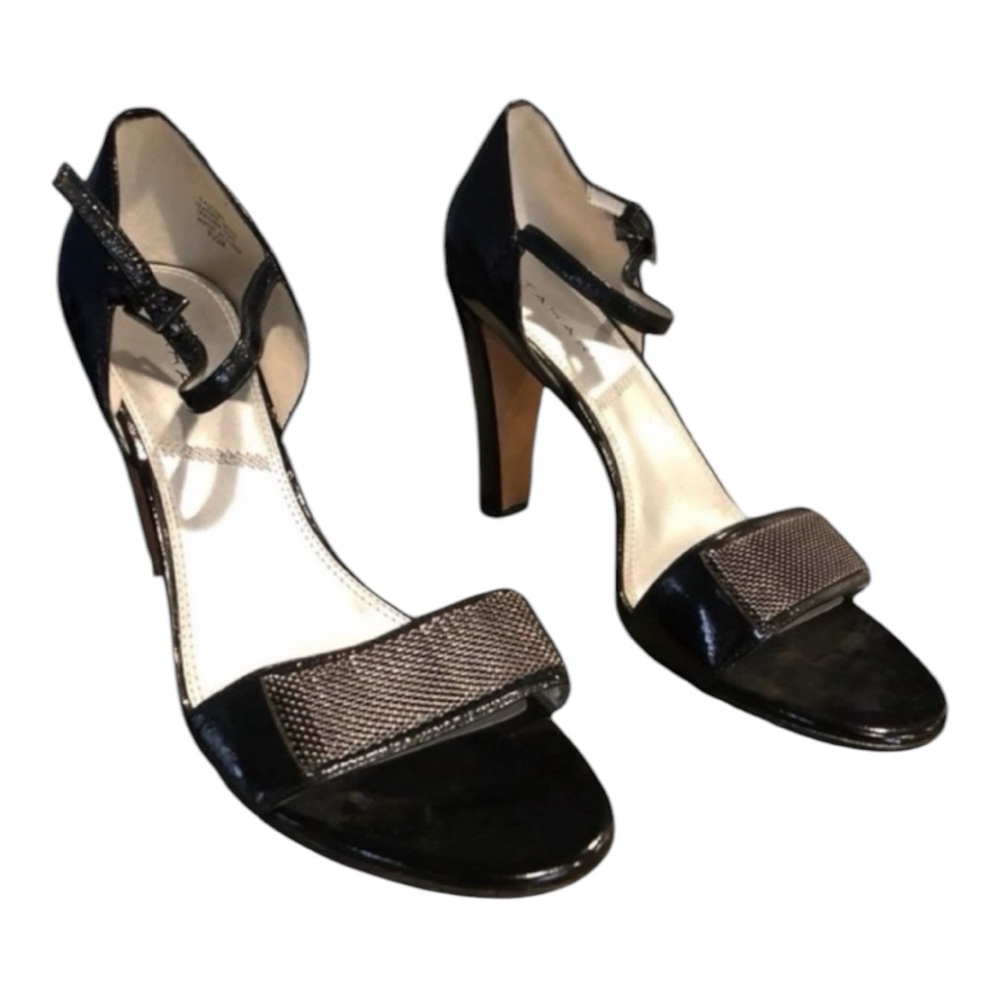 Tahari Black & Gold Mesh Leather Open Toe Heels Size 9.5
